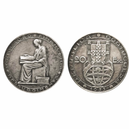 Portugal, Silver 20 Escudos (0.800 silver), 20.82g, 1953, 25th Anniversary of Financial Re