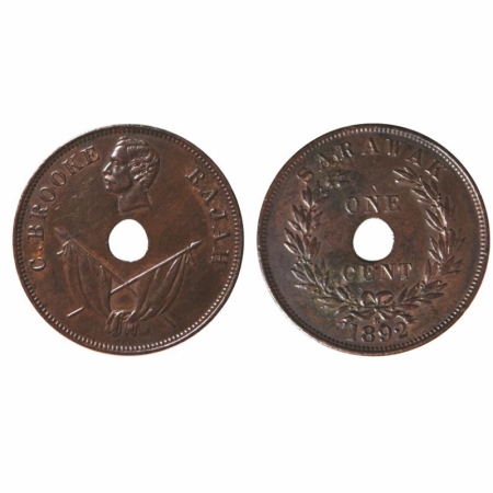 Sarawak, Copper Cent, Charles J. Brown Rajah, 1892, H mintmark, Obv: Head left above hole