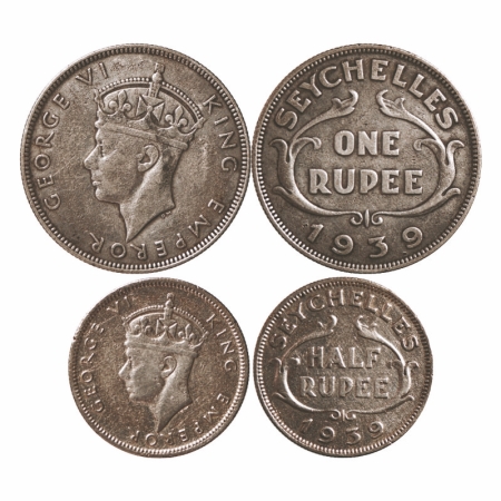 Seychelles, Silver Rupee & 1/2 Rupee (2 Coins), (0.500% silver), 1939 AD, Pobjoy Mint, Obv