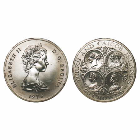 Turks & Caicos Islands, Silver 20 Crowns (0.9250 Silver), 38.70g, 1976 AD, Ruler Elizabeth