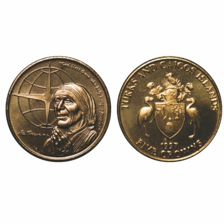 Turks & Caicos Islands, Brass 5 Crowns, 26.30g, 1997 AD, Ruler Elizabeth II, Mother Theres
