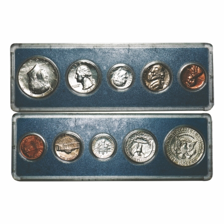United States, Unc Set (5 Coins) 1964, Silver 1/2 Dollar, 1/4 Dollar, 1 Dime, Copper Nicke
