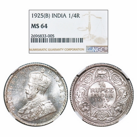 George V, Silver, 1/4 Rupee, 1925, Bombay Mint, Dot. GK 1093. NGC Slabbed MS 64. Very Scar