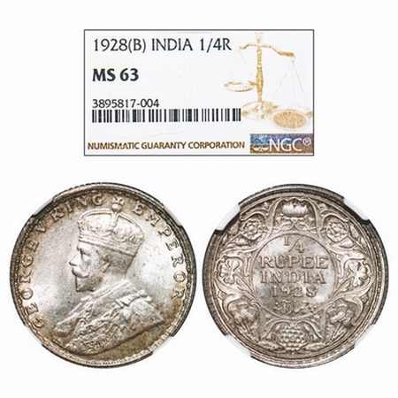 George V, Silver, 1/4 Rupee, 1928, Bombay Mint, Dot. GK 1095. NGC Slabbed MS 63. Very Scar