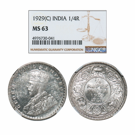 George V, Silver, 1/4 Rupee, 1929, Calcutta Mint, No dot. GK 1096. NGC Slabbed MS 63. Rare