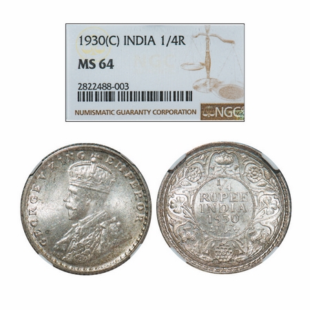 George V, Silver, 1/4 Rupee, 1930, Calcutta Mint, No dot. GK 1097. NGC Slabbed MS 64. Rare