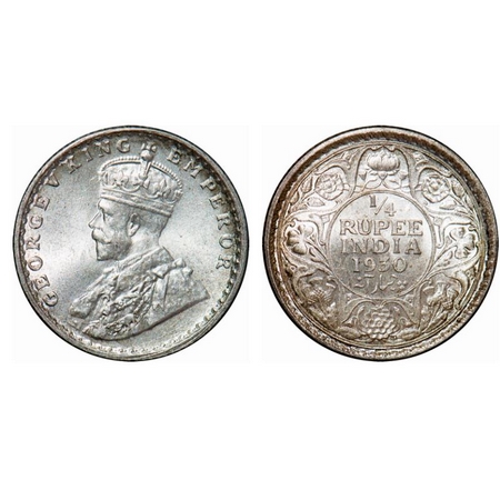 George V, Silver, 1/4 Rupee, 1930, Calcutta Mint, No dot. GK 1097. Brilliant Uncirculated.
