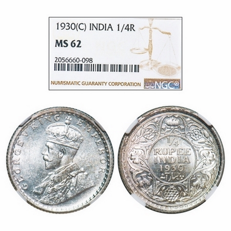 George V, Silver, 1/4 Rupee, 1930, Calcutta Mint, No dot. GK 1097. NGC Slabbed MS 62. Very