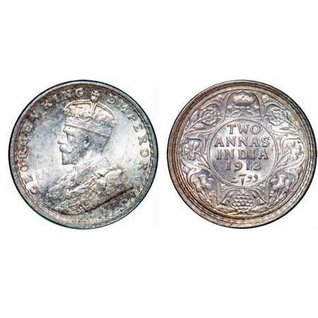 George V, Silver, 2 Annas, 1912, Bombay Mint, Dot, Ghost on Rev. GK 1109. Brilliant Uncirc