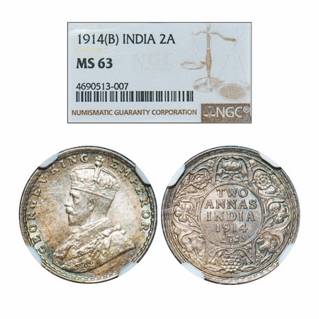 George V, Silver, 2 Annas, 1914, Bombay Mint, Dot. GK 1113. NGC Slabbed MS 63. Rare.