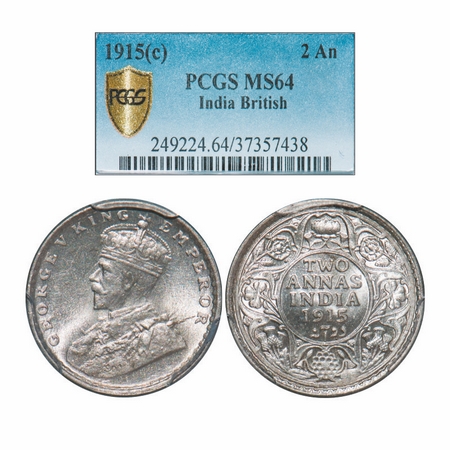 George V, Silver, 2 Annas, 1915, Calcutta Mint, No dot. GK 1114. PCGS Slabbed MS 64. Rare.
