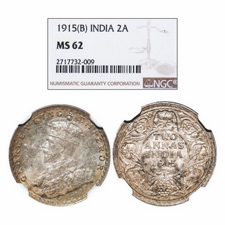 George V, Silver, 2 Annas, 1915, Bombay Mint, Dot. GK 1115. NGC Slabbed MS 62. Rare.