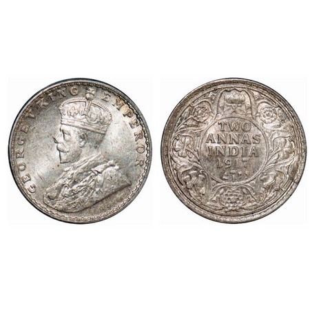 George V, Silver, 2 Annas, 1917, Calcutta Mint, Error, Retain broken die on Rev, Die crack