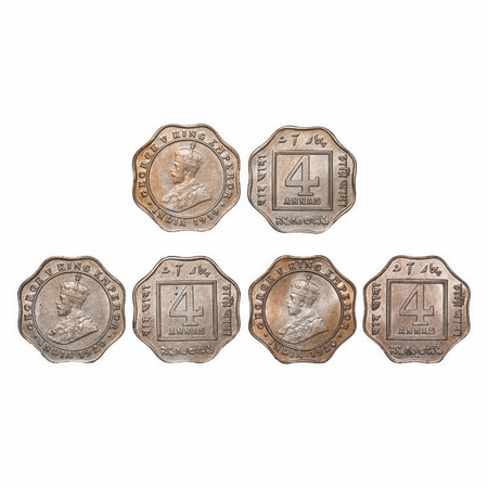 George V, Copper-Nickel, 4 annas, (3 coins), 1) 1919, Calcutta Mint, No dot, 2) 1920, Calc