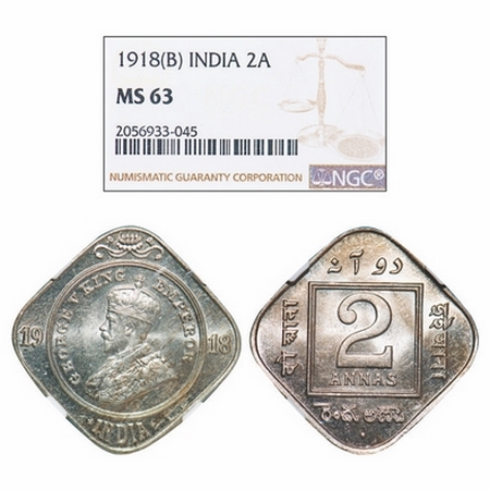 George V, Copper-Nickel, 2 Annas, 1918, Bombay Mint, Dot. GK 1119. NGC Slabbed MS 63. Rare