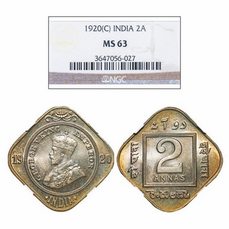 George V, Copper-Nickel, 2 Annas, 1920, Calcutta Mint, No dot. GK 1121. NGC Slabbed MS 63.