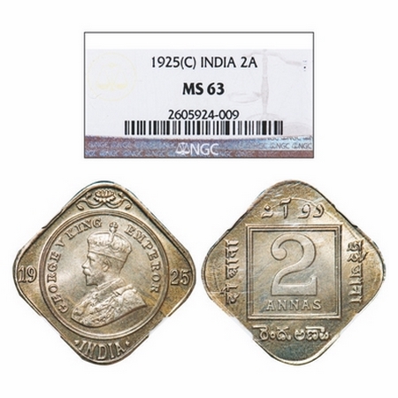 George V, Copper-Nickel, 2 Annas, 1925, Calcutta Mint, No dot. GK 1126. NGC Slabbed MS 63.
