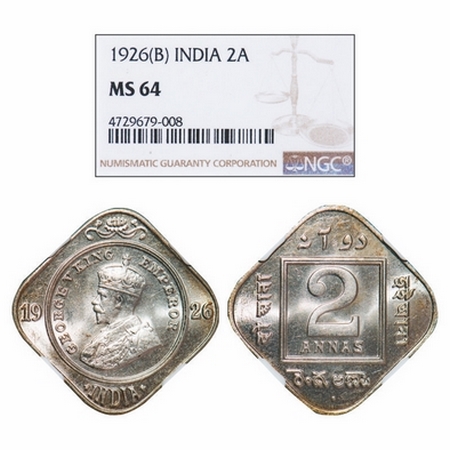 George V, Copper-Nickel, 2 Annas, 1926, Bombay Mint, Dot. GK 1129. NGC Slabbed MS 64. Very