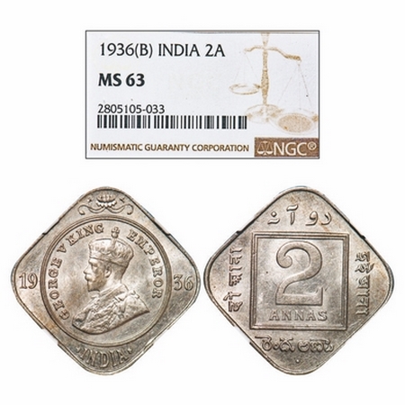 George V, Copper-Nickel, 2 Annas, 1936, Bombay Mint, Dot. GK 1140. NGC Slabbed MS 63. Very