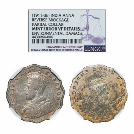 George V, Copper-Nickel, 1 Anna, Error, Obv Brockage, NGC Slabbed Partial collar Mint erro