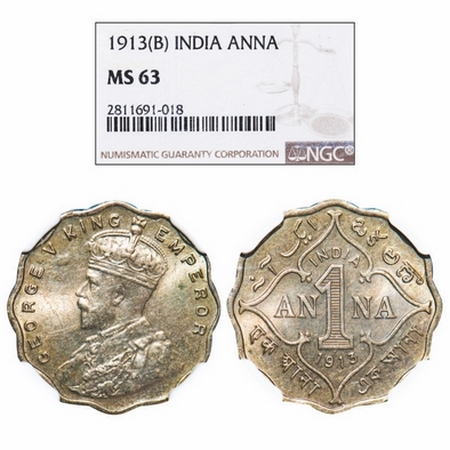 George V, Copper-Nickel, 1 Anna, 1913, Bombay Mint, No dot. GK 1143. NGC Slabbed MS 63. Ra