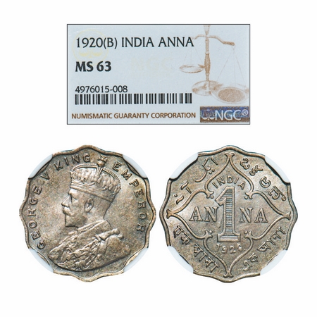 George V, Copper-Nickel, 1 Anna, 1920, Bombay Mint, No dot, GK 1150. NGC Slabbed MS 63. Ve