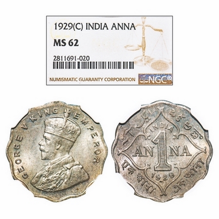 George V, Copper-Nickel, 1 Anna, 1929, Calcutta Mint, No dot. GK 1162. NGC Slabbed MS 62.