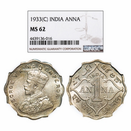 George V, Copper-Nickel, 1 Anna, 1933, Calcutta Mint, No dot. GK 1164. NGC Slabbbed MS 62.