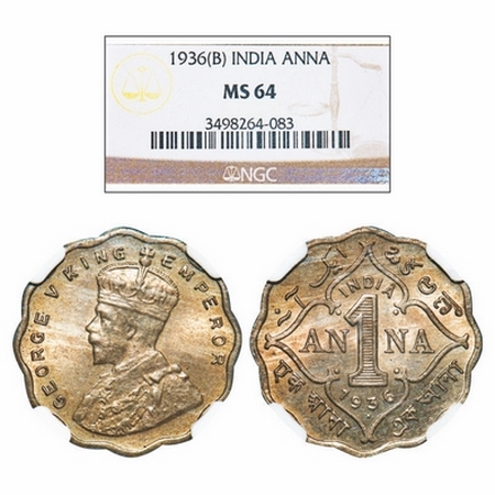 George V, Copper-Nickel, 1 Anna, 1936, Bombay Mint, Dot. GK 1169. NGC Slabbed MS 64. Very