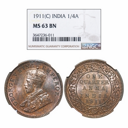 George V, Bronze, Quarter Anna, 1911, Calcutta Mint, No dot, Pig Type. GK 1171. NGC Slabbe