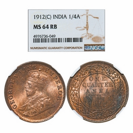 George V, Bronze, Quarter Anna, 1912, Calcutta Mint, No mint mark. GK 1172. NGC Slabbed MS