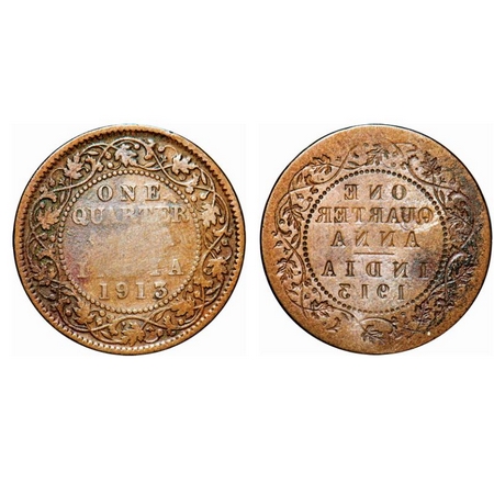 George V, Bronze, Quarter Anna, 1913, 4.60gm, Calcutta Mint, Error: Reverse Lakhi. Very Fi