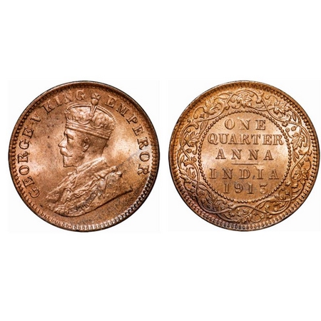 George V, Bronze, Quarter Anna, 1913, Calcutta mint, No dot, Ghost on Rev. GK 1173. Brilli