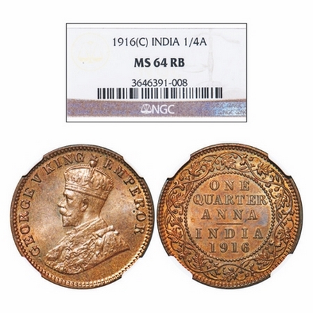 George V, Bronze, Quarter Anna, 1916, Calcutta Mint, No dot. GK 1175. NGC Slabbed MS 64 RB