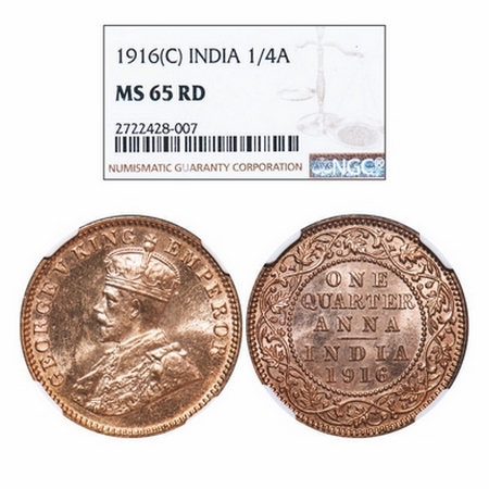 George V, Bronze, Quarter Anna, 1916, Calcutta Mint, No dot. GK 1175. NGC Slabbed MS 65 RD