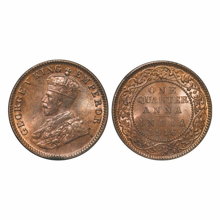 George V, Bronze, Quarter Anna, 1916, Calcutta Mint, No dot. GK 1175. Brilliant Uncirculat