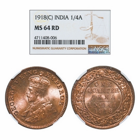 George V, Bronze, Quarter Anna, 1918, Calcutta Mint, No dot. GK 1177. NGC Slabbed MS 64 RD