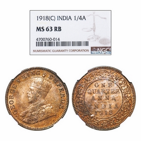 George V, Bronze, Quarter Anna, 1918, Calcutta Mint, No dot. GK 1177. NGC Slabbed MS 63 RB