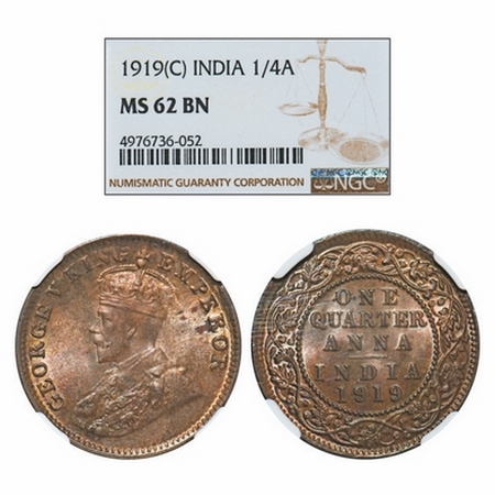 George V, Bronze, Quarter Anna, 1919, Calcutta Mint, No dot. GK 1178. NGC Slabbed MS 62 BN