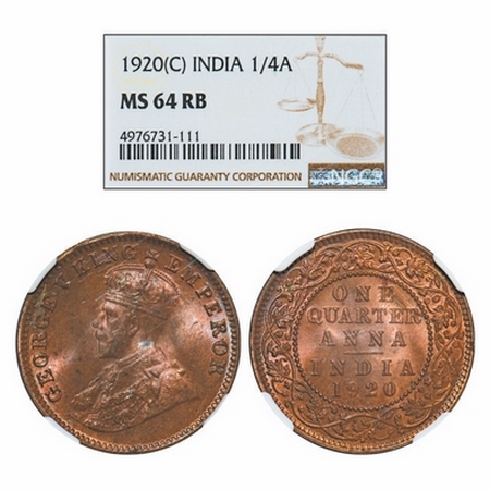 George V, Bronze, Quarter Anna, 1920, Calcutta Mint, No dot. GK 1179. NGC Slabbed MS 64 RB