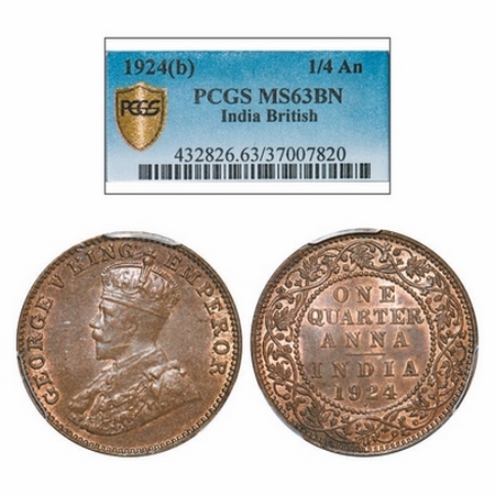 George V, Bronze, Quarter Anna, 1924, Bombay Mint, Dot. GK 1180. PCGS Slabbed MS 63 BN. Ve