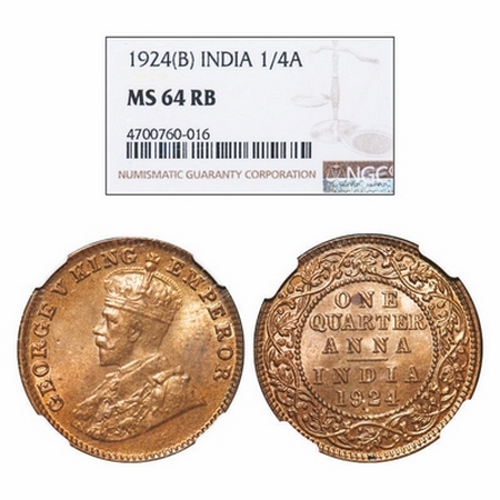George V, Bronze, Quarter Anna, 1924, Bombay Mint, Dot. GK 1180. NGC Slabbed MS 64 RB. Rar