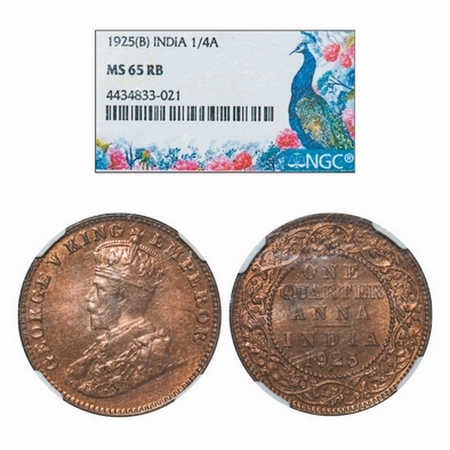 George V, Bronze, Quarter Anna, 1925, Bombay Mint, Dot. GK 1181. NGC Slabbed MS 65 RB. Ver
