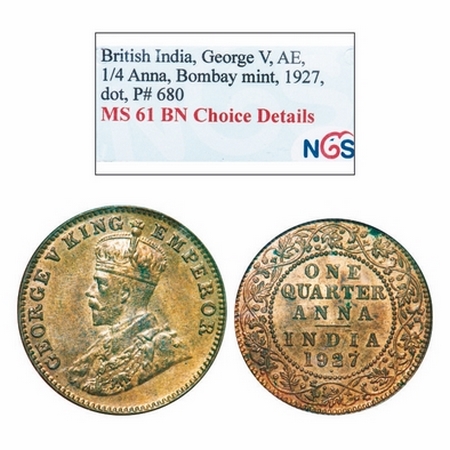 George V, Bronze, Quarter Anna, 1927, Bombay Mint, Dot. GK 1185. NGS Slabbed MS 61 BN, Cho
