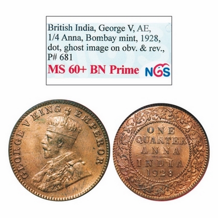 George V, Bronze, Quarter Anna, 1928, Bombay Mint, Dot, Ghost image on Obv and Rev. GK 118