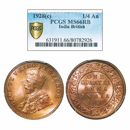 George V, Bronze, Quarter Anna, 1928, Calcutta Mint, No dot. GK 1188. PCGS Slabbed MS 66 R