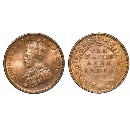 George V, Bronze, Quarter Anna 1929, Calcutta Mint, No dot, Error, Misstruck on Rev, Date