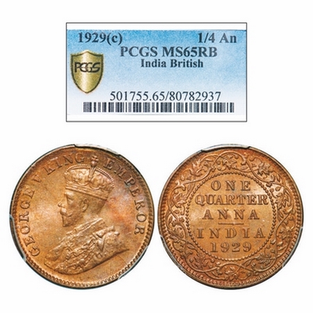 George V, Bronze, Quarter Anna, 1929, Calcutta Mint, No dot. GK 1189. PCGS Slabbed MS 65 R