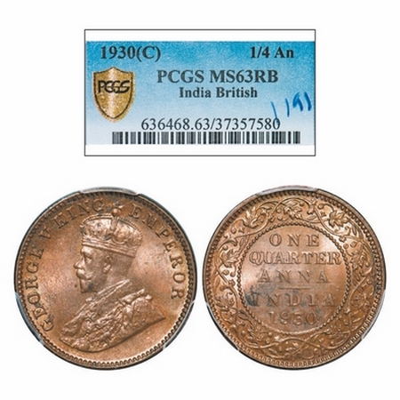 George V, Bronze, Quarter Anna, 1930, Calcutta Mint, Dot. GK 1180. PCGS Slabbed MS 63 RB. 