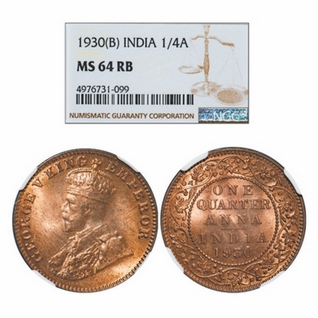 George V, Bronze, Quarter Anna, 1930, Bombay Mint, Dot. GK 1190. NGC Slabbed MS 64 RB. Ver